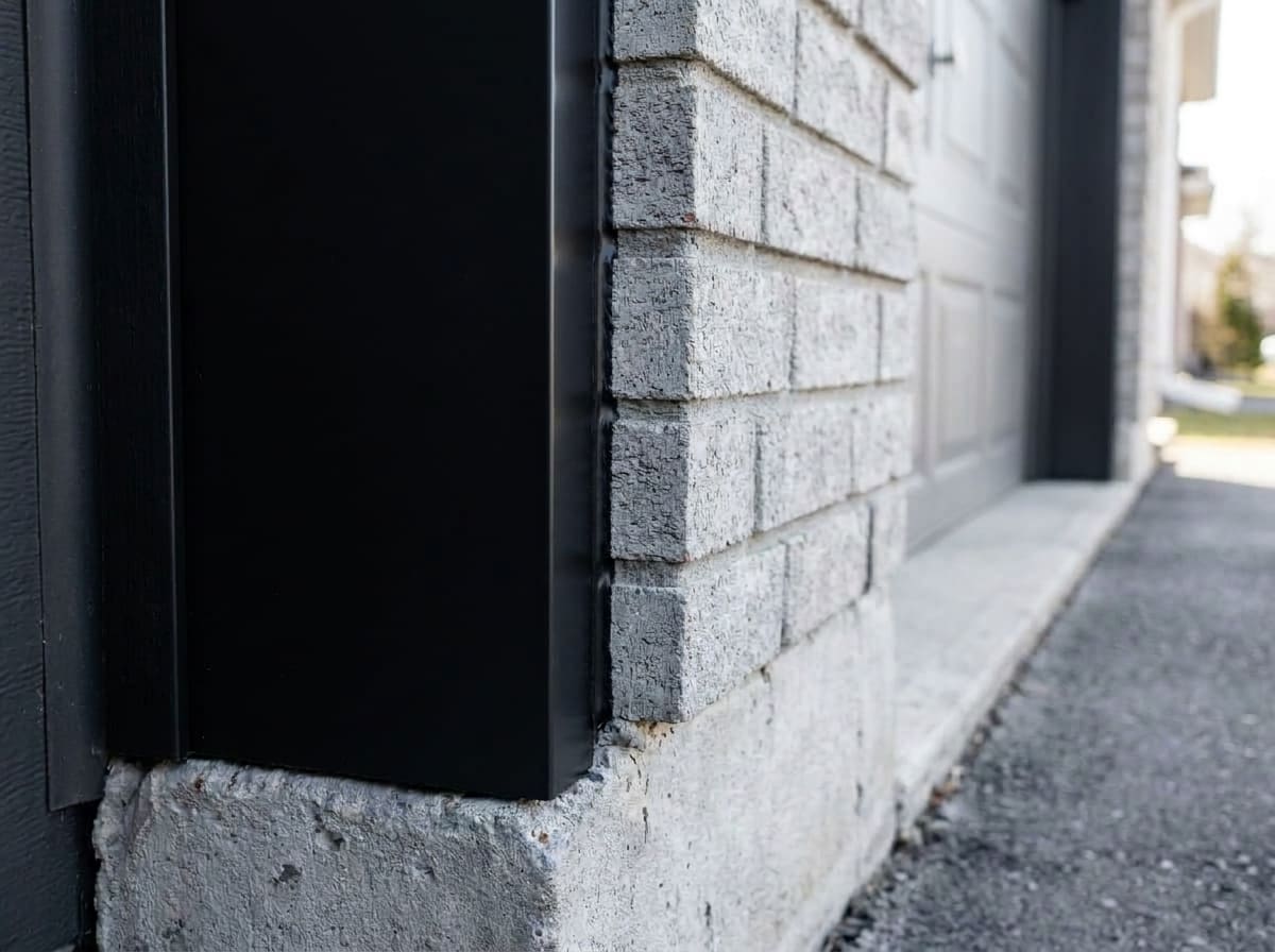 Matte black formed aluminium capping around a garage door opening, with folded corners beside the masonry