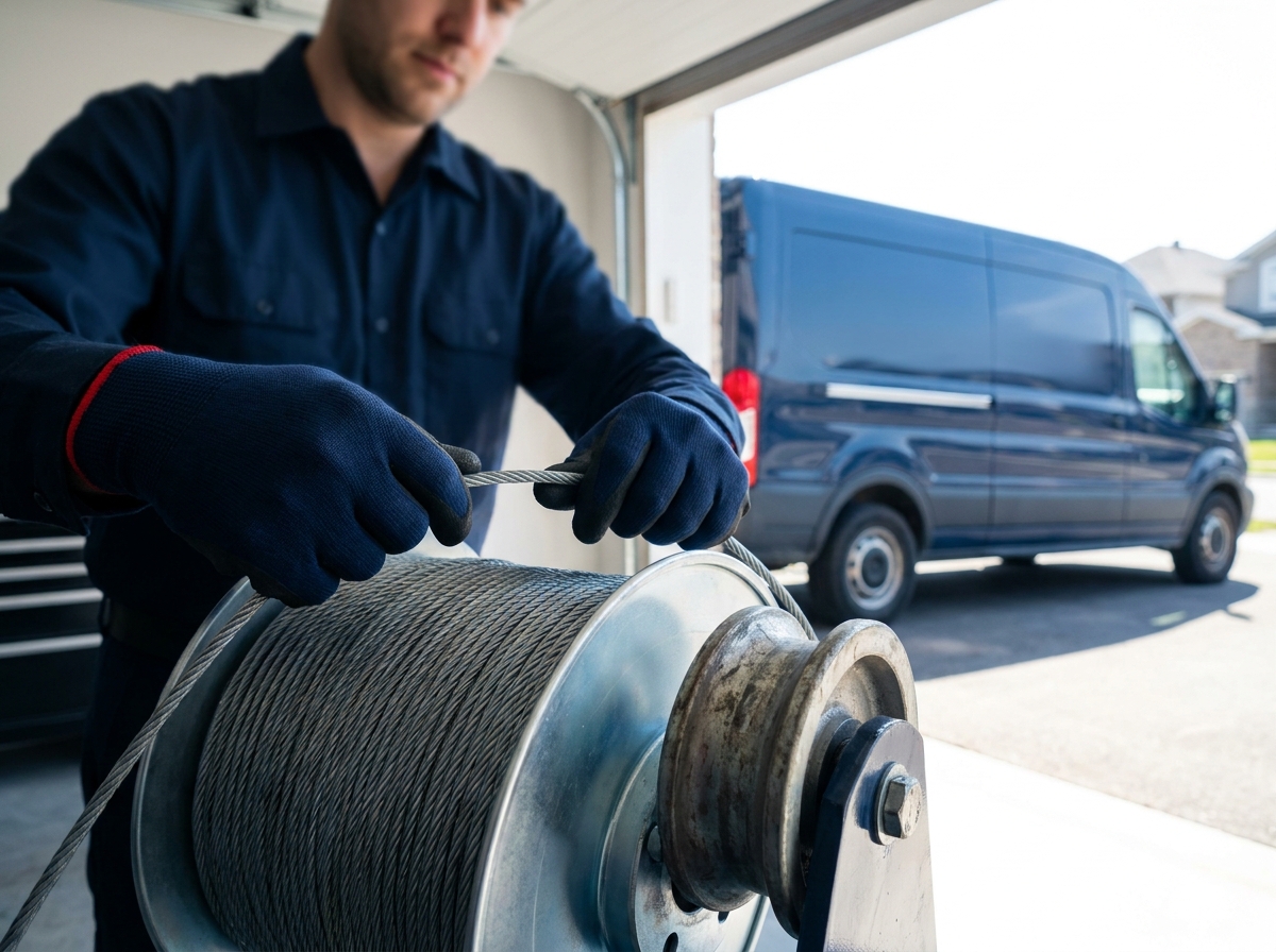 HUSH technician threading a new lift cable onto the cable drum beside a worn garage door roller