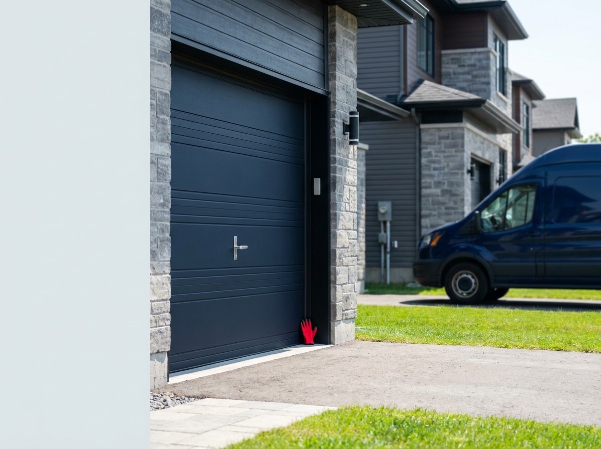 A freshly installed modern insulated garage door on an upscale brick-and-siding Ottawa home in winter