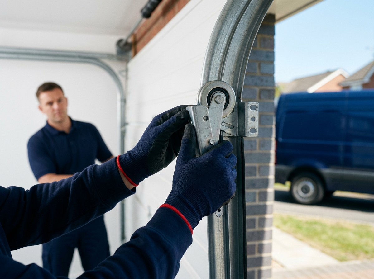 HUSH technician guiding a garage door section that has come off its track back onto the roller rail