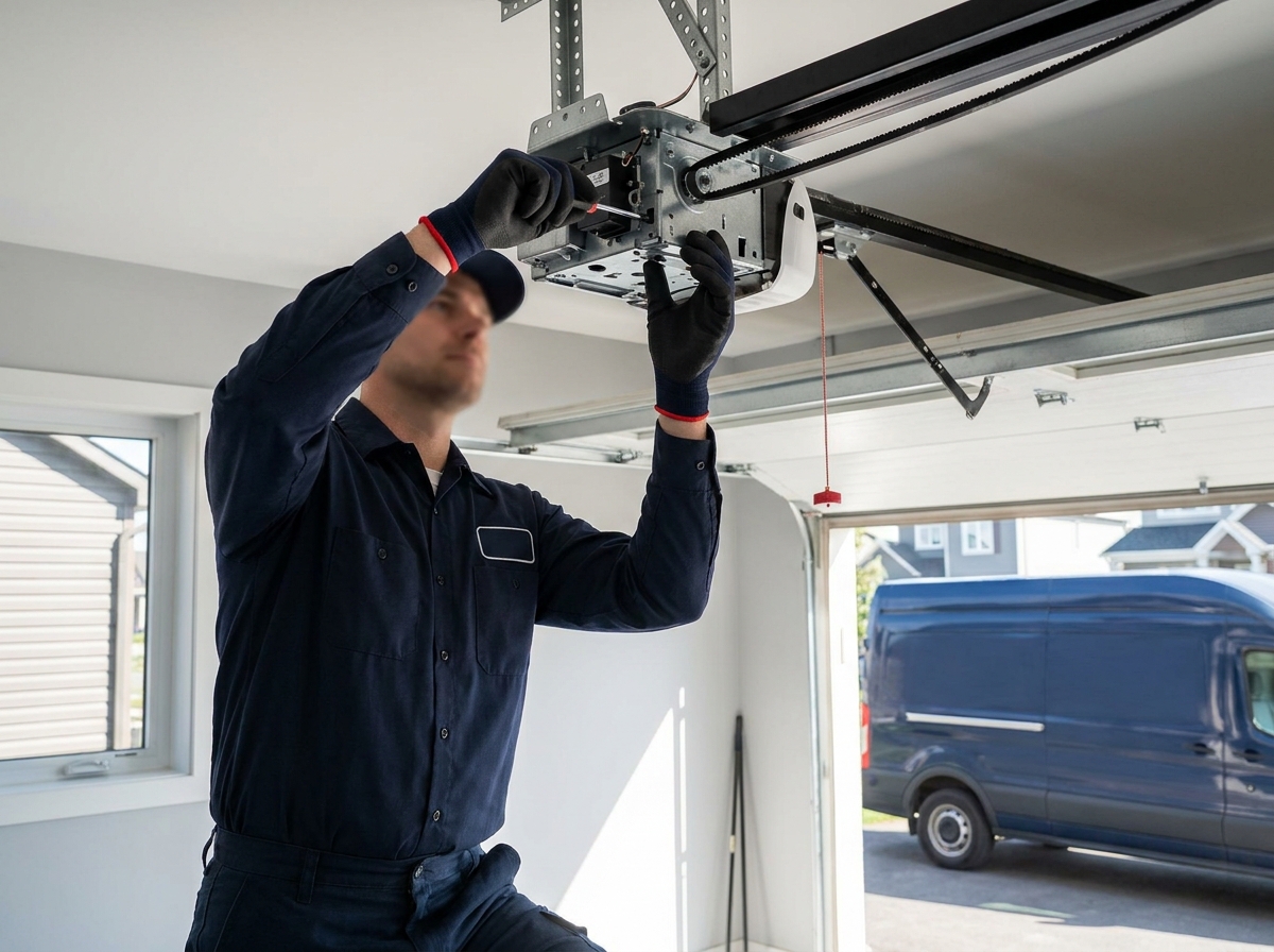 HUSH technician on a step ladder servicing a ceiling-mounted LiftMaster garage door opener