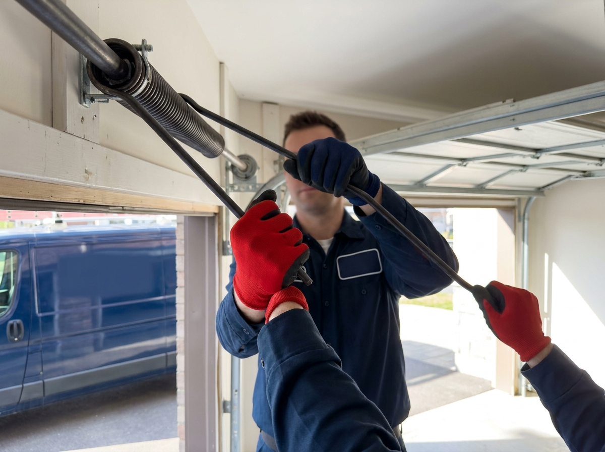 HUSH technician winding a new torsion spring onto the shaft above a residential garage door