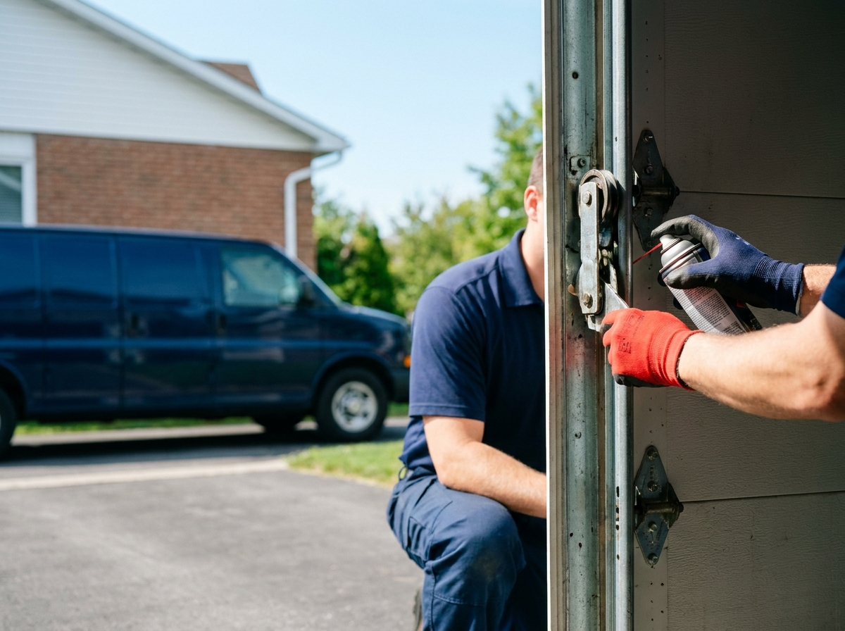 HUSH technician running a multi-point safety check with a clipboard and lubricant on a garage door