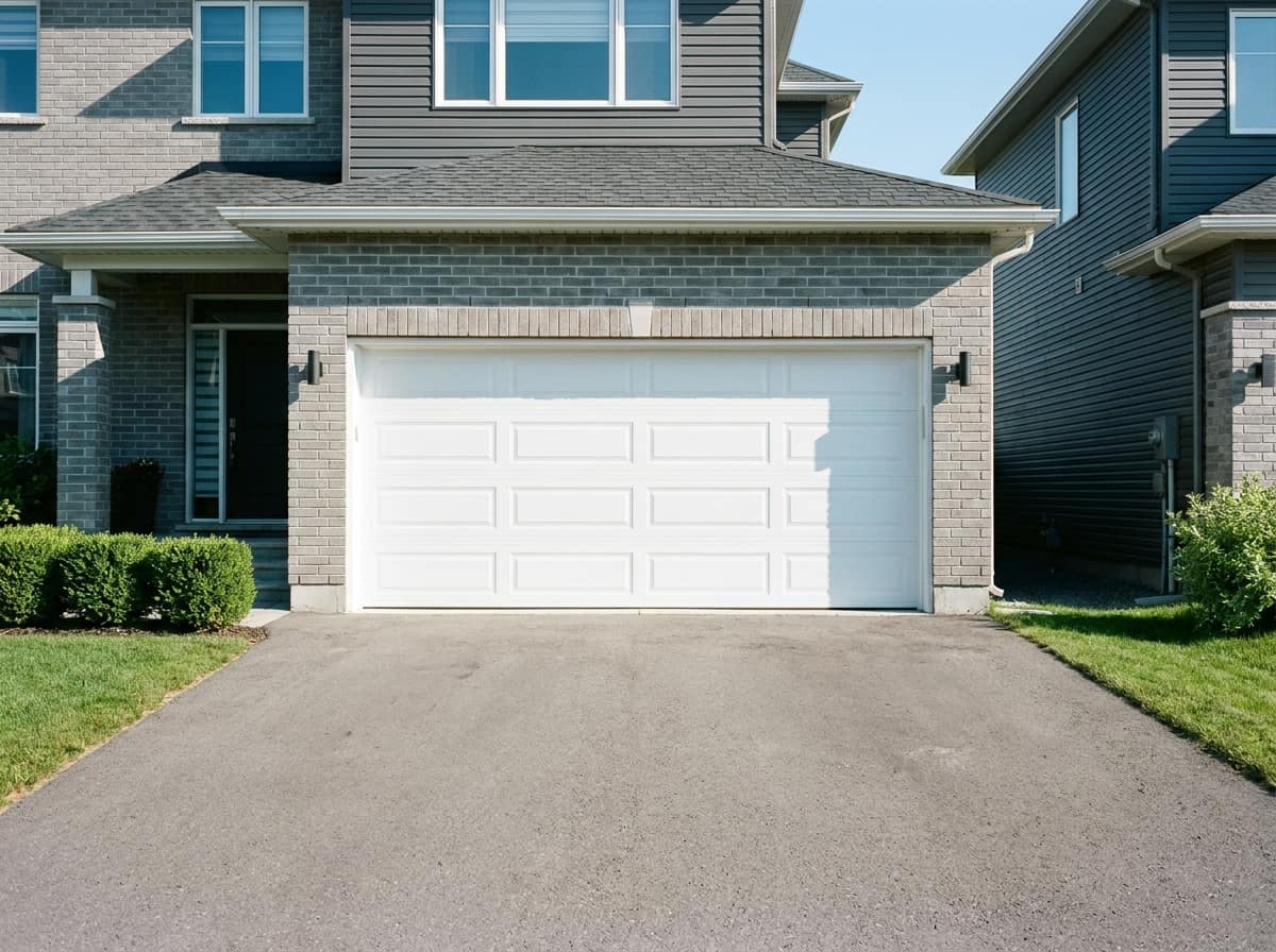 White long raised-panel double garage door on a grey brick suburban Ottawa home, asphalt driveway in summer sun