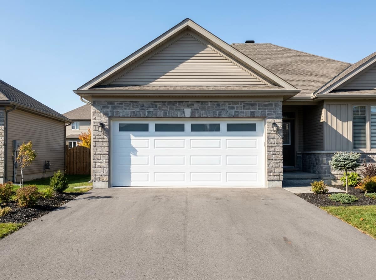 Long raised-panel garage door with a top row of windows on a Barrhaven home