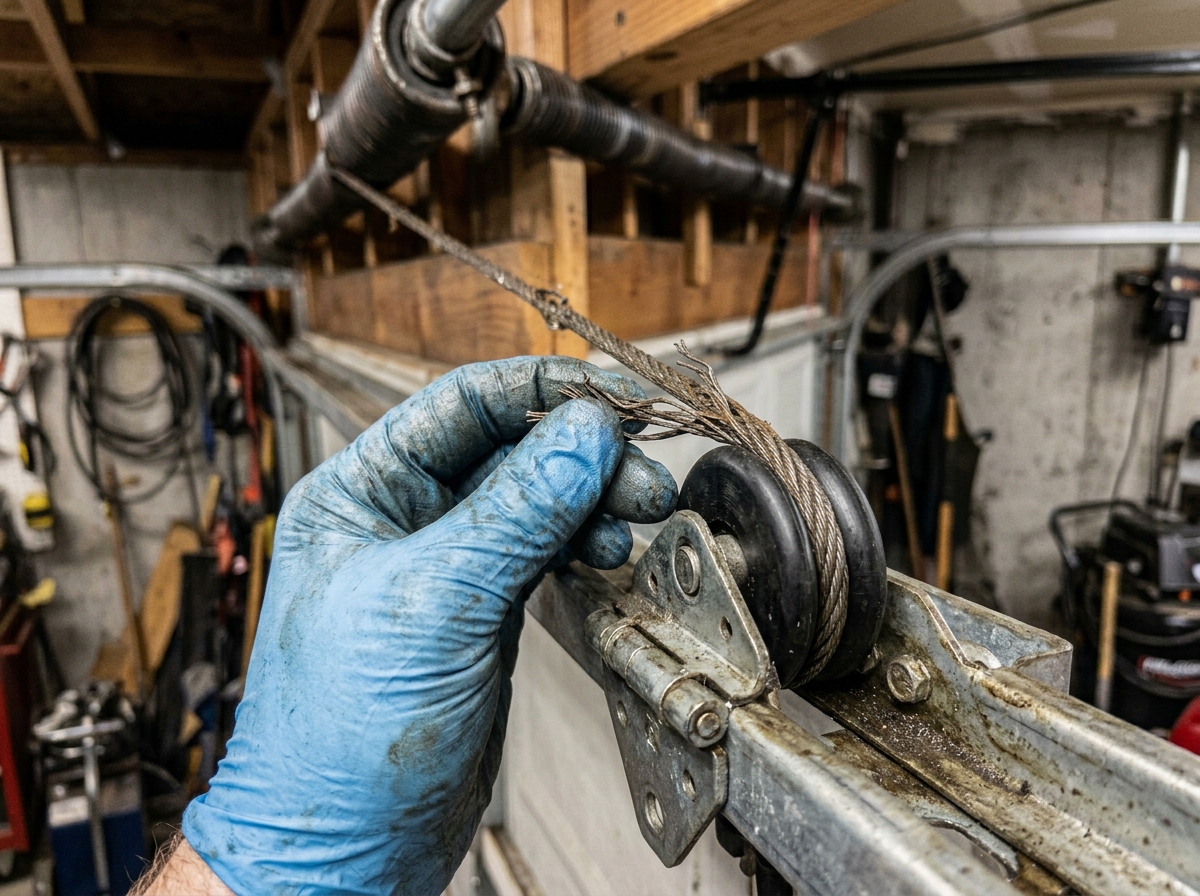 HUSH technician replacing a frayed lift cable on an Ottawa garage door drum