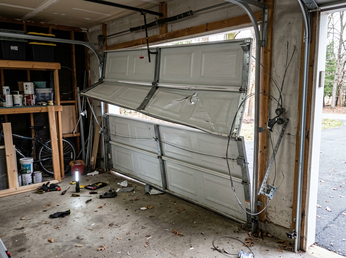 Ottawa garage door hanging off its track at an angle after a roller jumped the rail