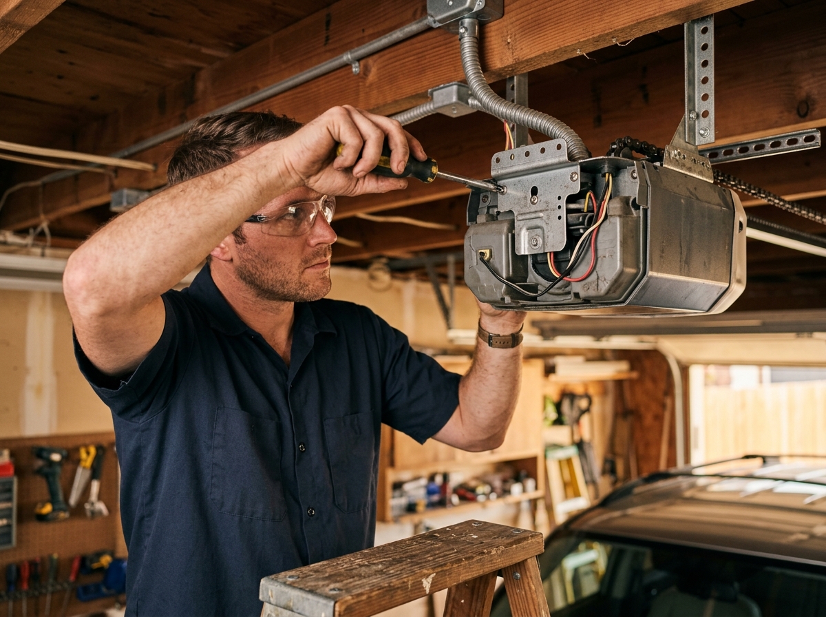 HUSH technician repairing a LiftMaster garage door opener motor head in an Ottawa garage