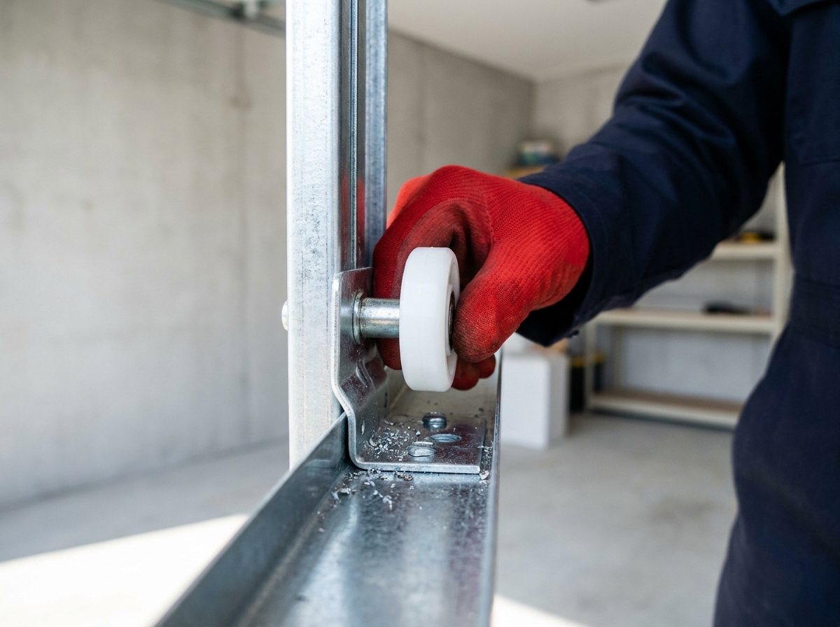 HUSH technician fitting a quiet nylon sealed-bearing roller into an Ottawa garage door track