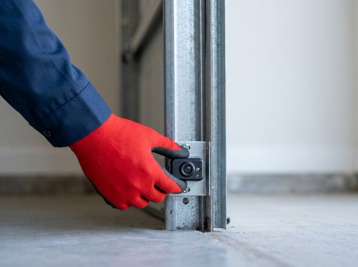 HUSH technician realigning a photo-eye safety sensor on the bottom of an Ottawa garage door track