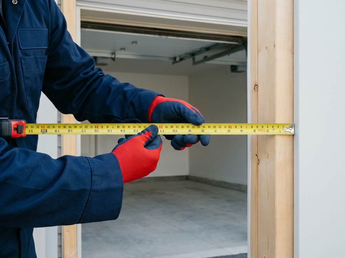 HUSH technician measuring the width of a garage door opening with a tape measure in Ottawa