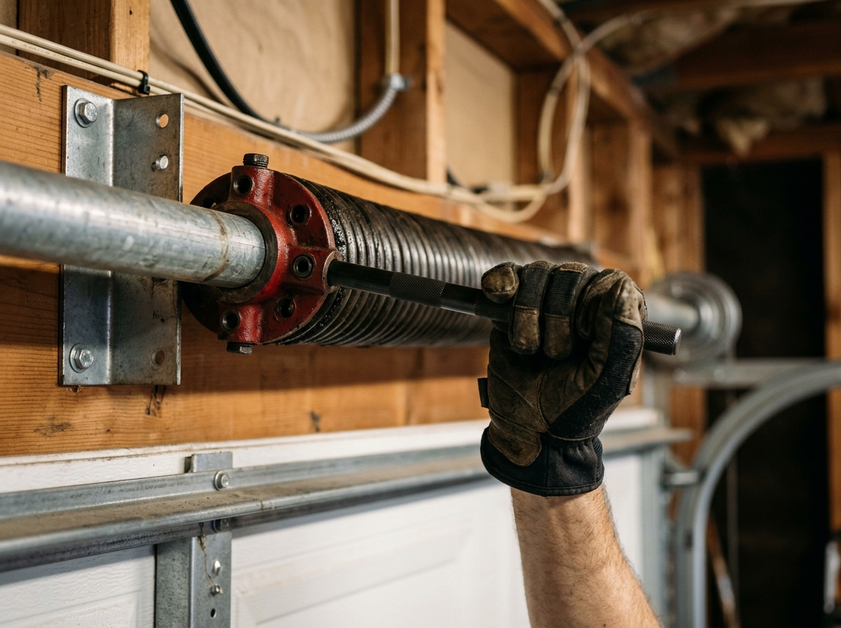 HUSH technician replacing a broken torsion spring on an Ottawa garage door