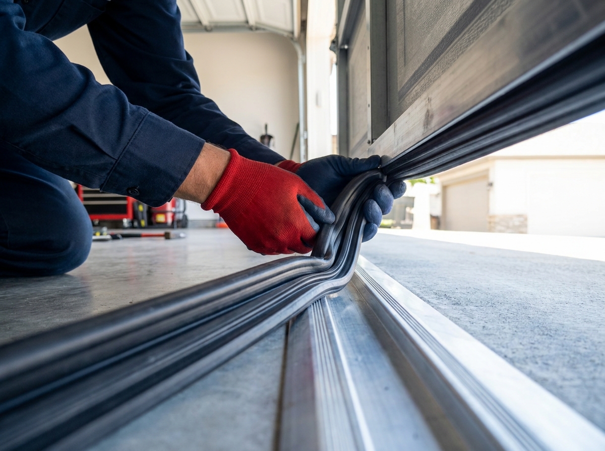 HUSH technician fitting a new cold-rated bottom rubber seal on an Ottawa garage door