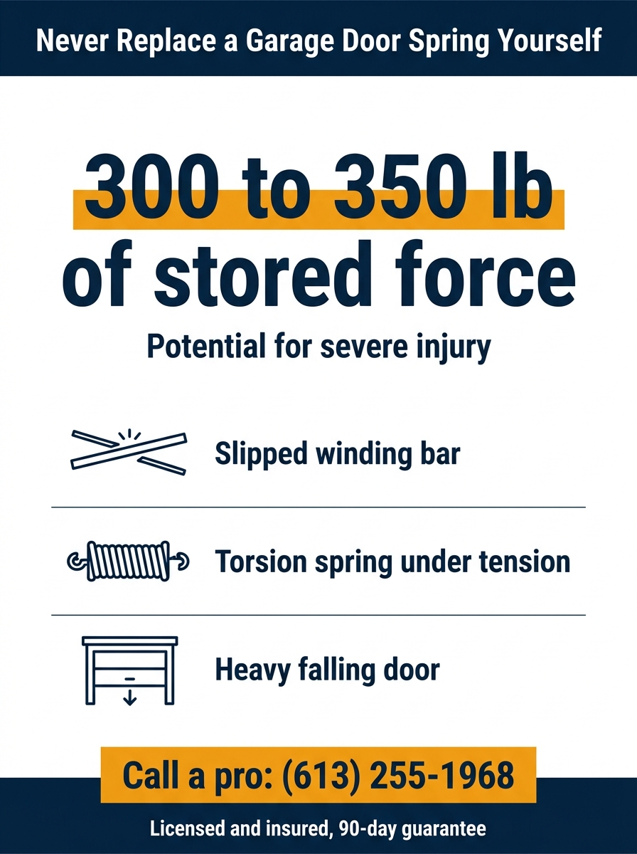 Infographic warning that a wound garage door torsion spring stores 300 to 350 pounds of force, showing three common DIY dangers, a slipped winding bar, a torsion spring under tension, and a heavy falling door, and urging homeowners to call a professional at (613) 255-1968