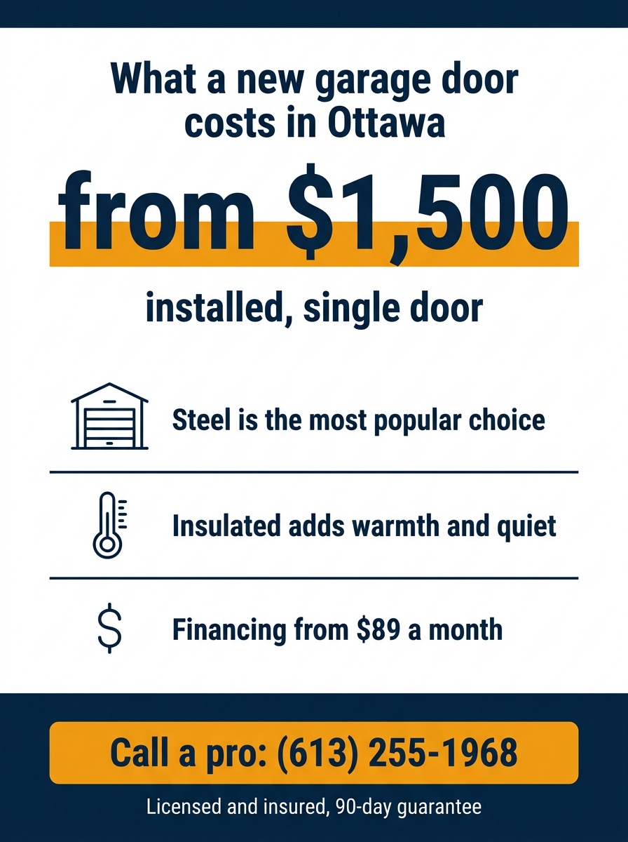 Infographic showing a new single garage door from $1,500 installed, steel the most popular choice, an insulated door adding warmth and quiet, and financing from $89 a month. HUSH Garage Door Service, call (613) 255-1968.