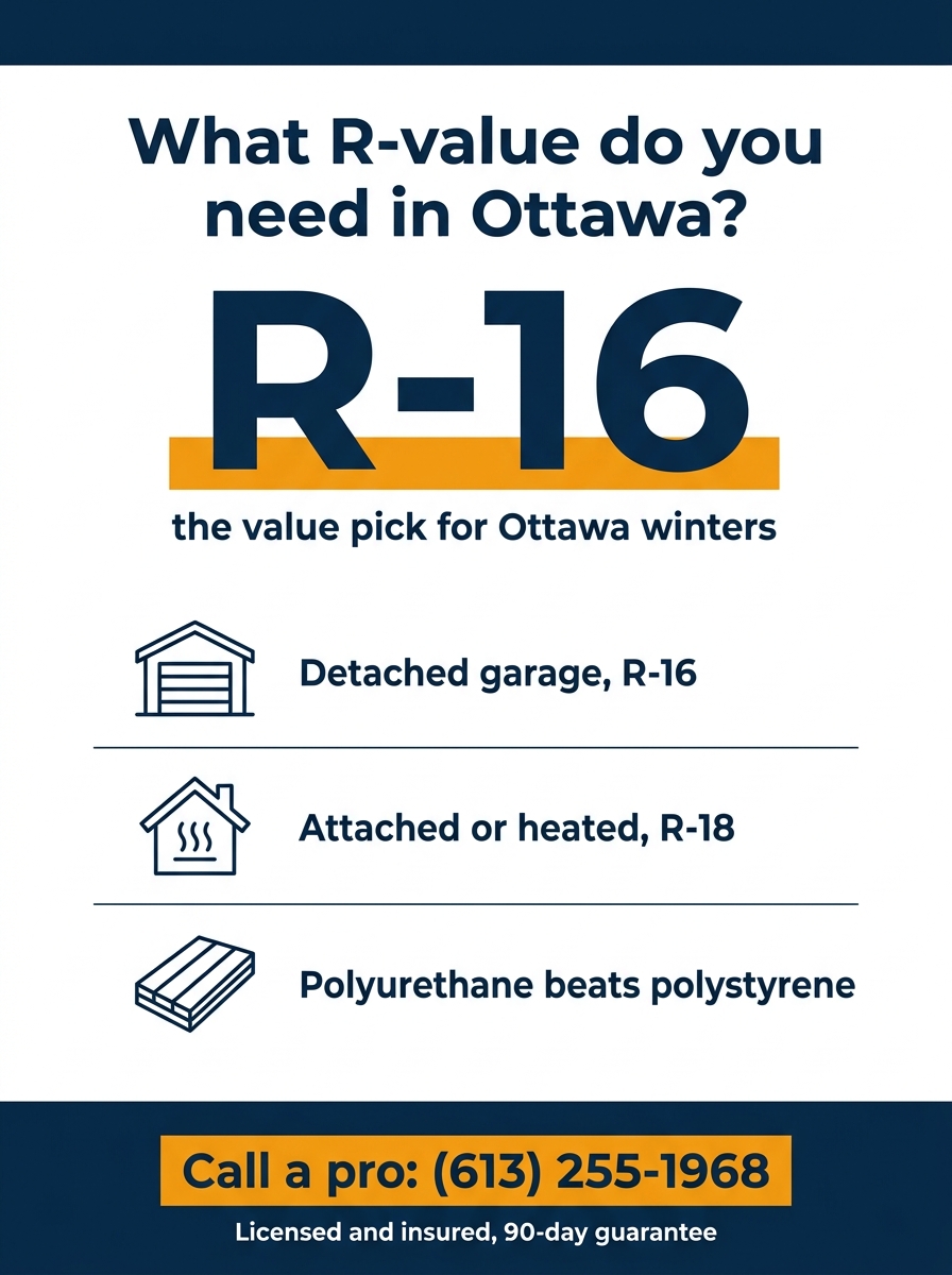 Infographic showing that for Ottawa winters near -30 C you should choose R-16 or R-18, with R-16 for a detached or unheated garage and R-18 for an attached or heated garage, and that polyurethane insulation beats polystyrene. HUSH Garage Door Service, call (613) 255-1968.