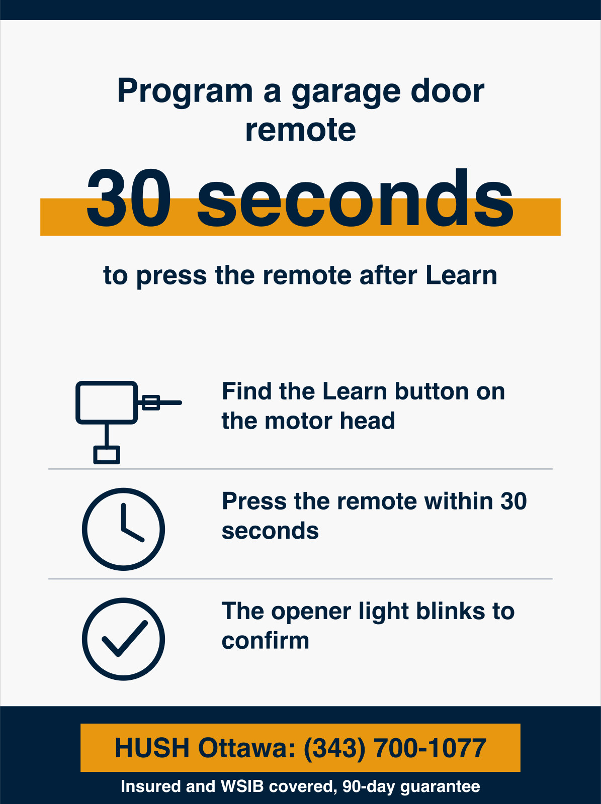 Infographic showing how to program a garage door opener remote by finding the Learn button on the motor head, pressing and releasing it, then pressing the remote button within 30 seconds, with the opener light blinking to confirm the code is saved. HUSH Garage Door Service, call (343) 700-1077.