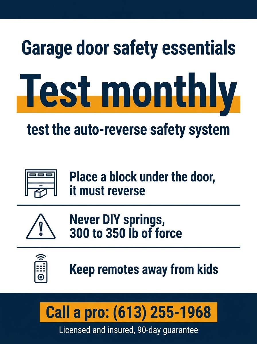 Infographic showing how to test the garage door auto-reverse safety system monthly by placing a block under the door so it reverses, why you should never DIY springs that hold 300 to 350 lb of force, and to keep remotes away from kids. HUSH Garage Door Service, call (613) 255-1968.