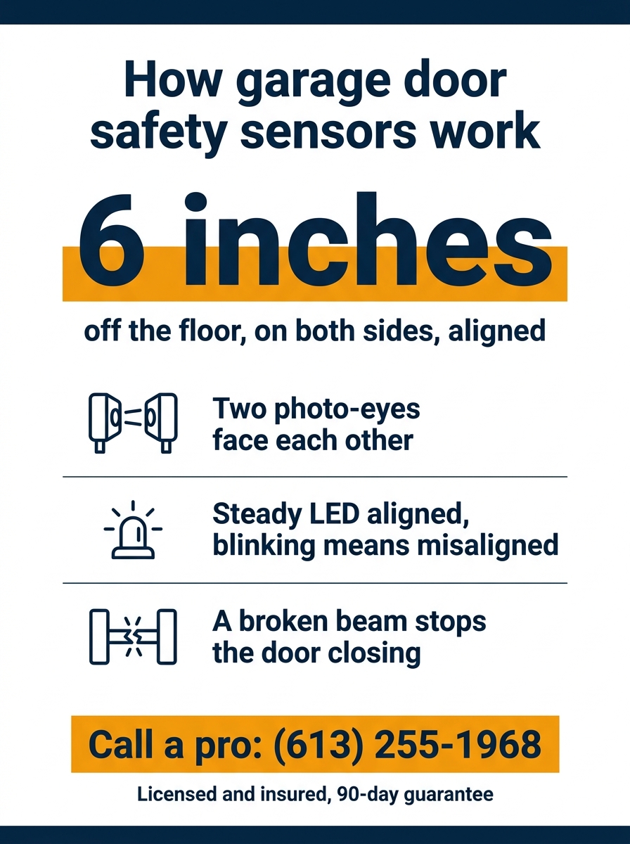 Infographic showing garage door safety sensors mount about 6 inches off the floor on both sides, the two photo eyes must face each other, a steady LED means aligned and a blinking LED means misaligned, and a broken beam stops the door closing. HUSH Garage Door Service, call (613) 255-1968.