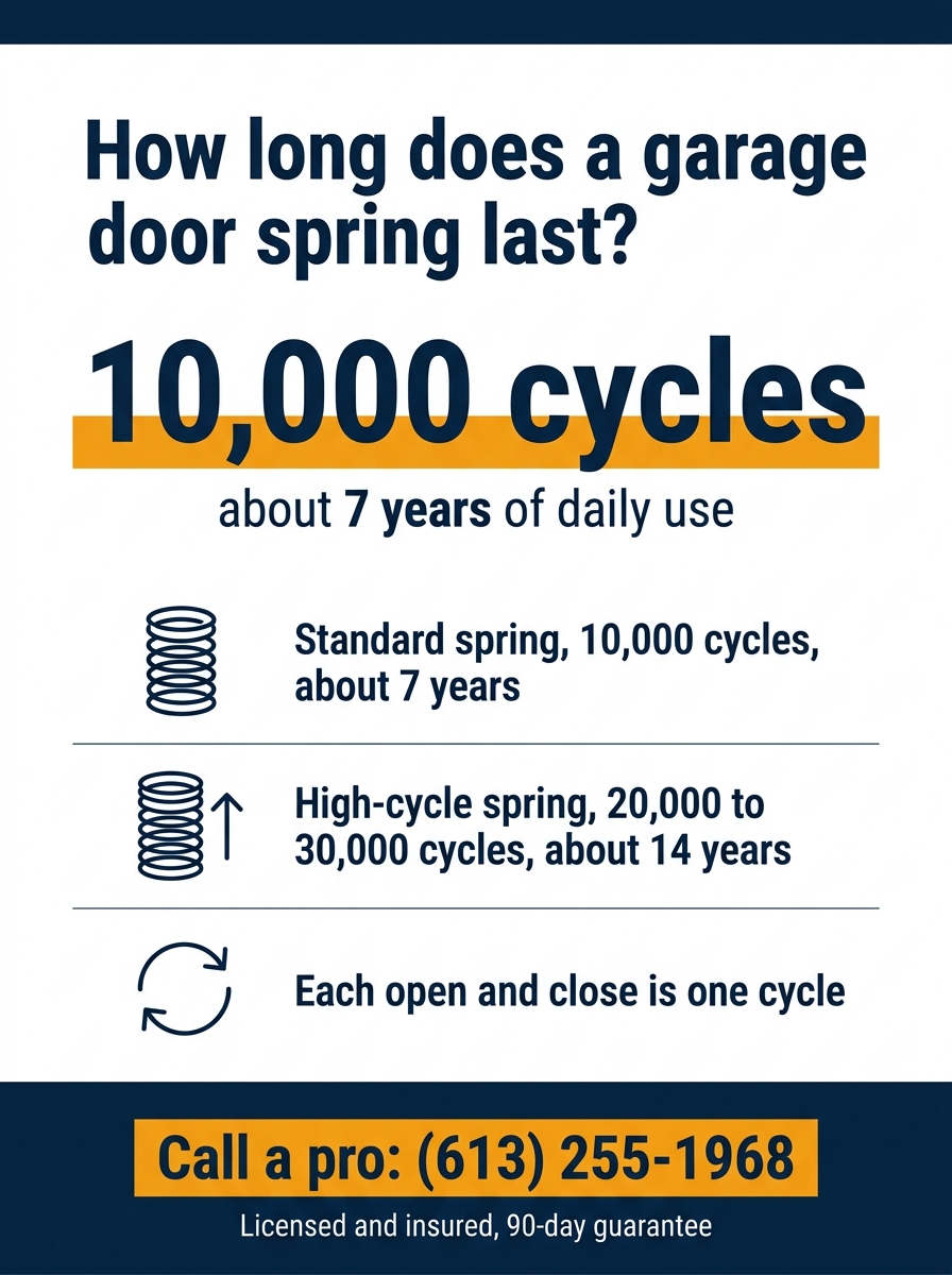 Infographic showing a standard garage door torsion spring lasts about 10,000 cycles, roughly 7 years of daily use, while a high-cycle spring rated 20,000 to 30,000 cycles lasts about 14 years, where each open and close is one cycle. HUSH Garage Door Service, call (613) 255-1968.