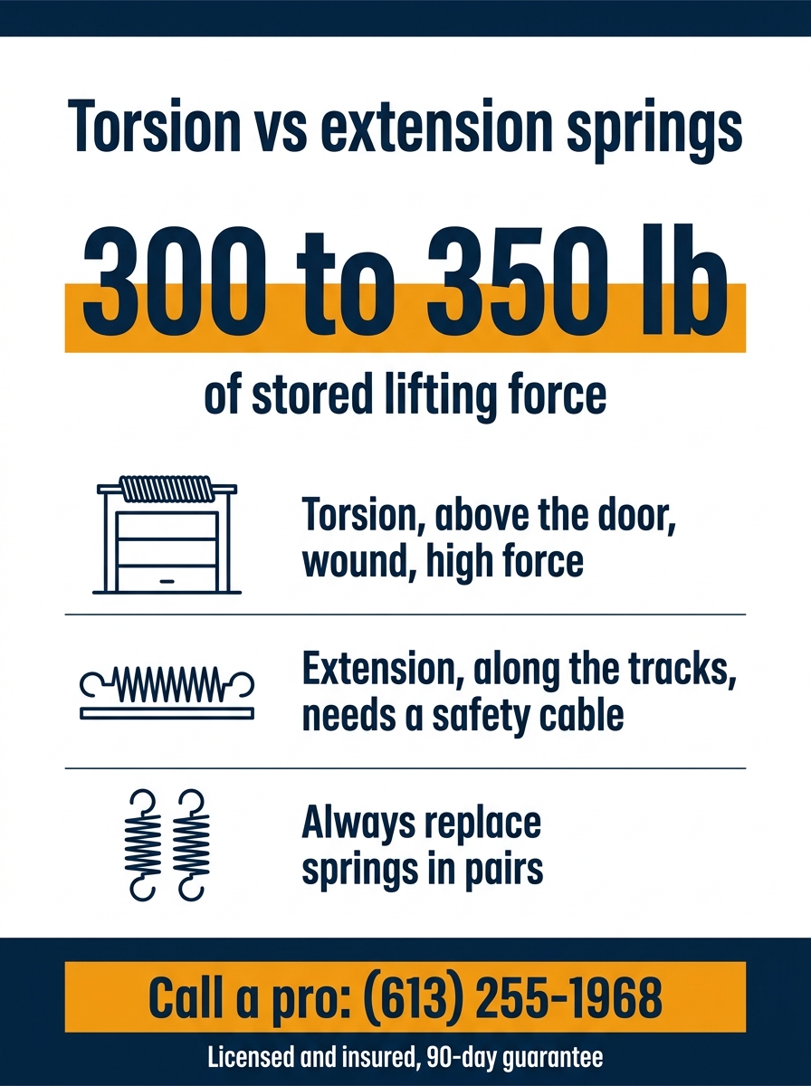 Infographic showing a wound torsion spring stores 300 to 350 lb of lifting force, torsion springs mount above the door and are wound, extension springs run along the tracks and need a safety cable, and springs are always replaced in pairs. HUSH Garage Door Service, call (613) 255-1968.