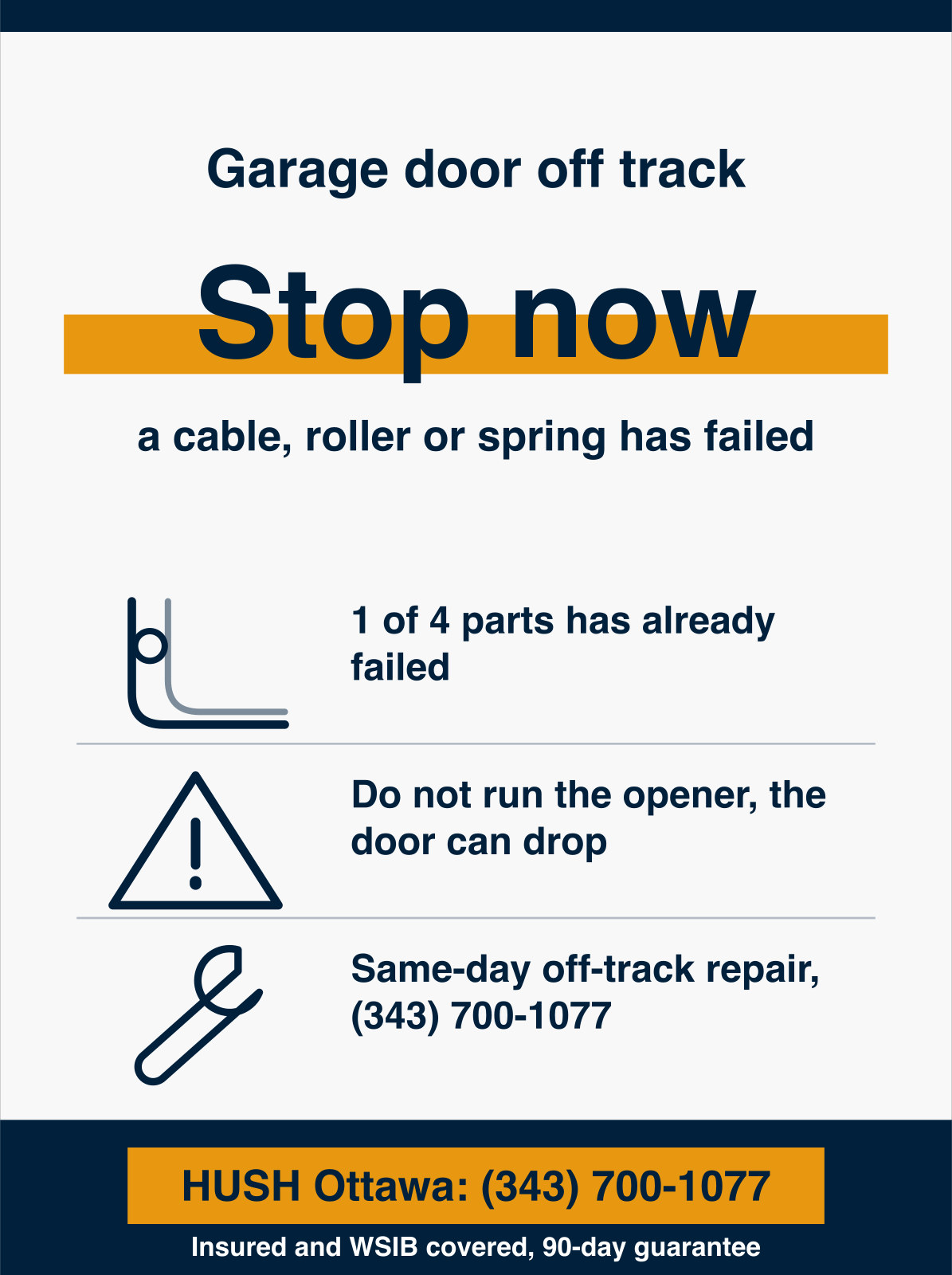 Infographic showing a garage door off track is a high-tension emergency because a cable, roller or spring has already failed, so you stop running the opener, leave the door where it is, and call for same-day off-track repair. HUSH Garage Door Service, call (343) 700-1077.
