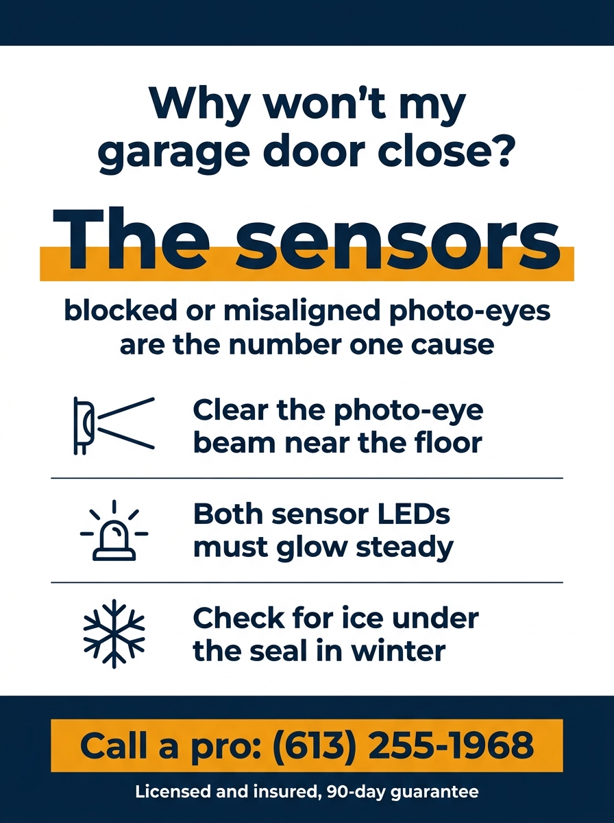 Infographic showing the safety sensors are the number one cause of a garage door that will not close, the photo-eyes near the floor being blocked or misaligned, so clear the beam, make both sensor LEDs glow steady, and check for ice under the seal in winter. HUSH Garage Door Service, call (613) 255-1968.