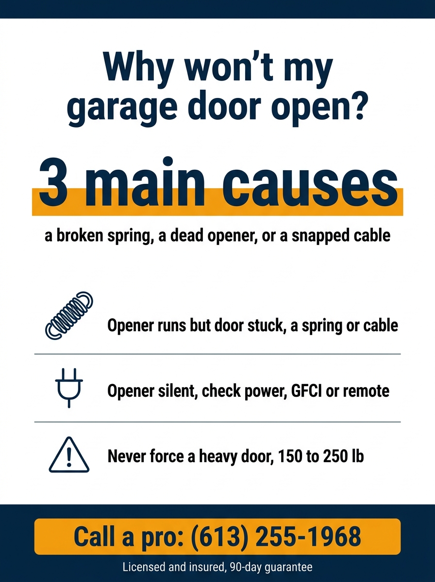 Infographic showing a garage door that will not open has 3 main causes, a broken spring, a dead opener, or a snapped cable, with a stuck door pointing to a spring or cable and a silent opener pointing to power, the GFCI, or the remote, and a warning never to force a 150 to 250 lb door. HUSH Garage Door Service, call (613) 255-1968.