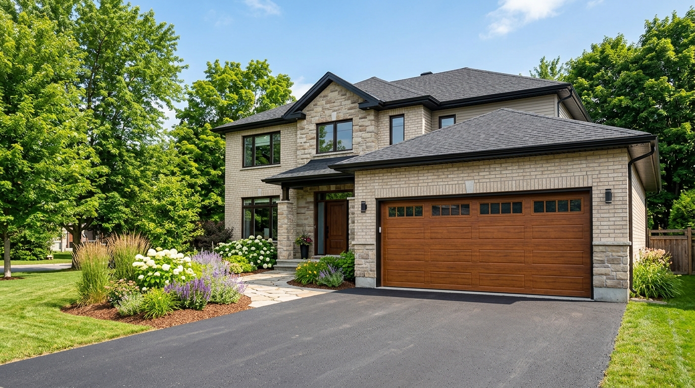 A freshly installed modern insulated Garaga garage door with a warm woodgrain finish and windows on an upscale Ottawa home with great curb appeal