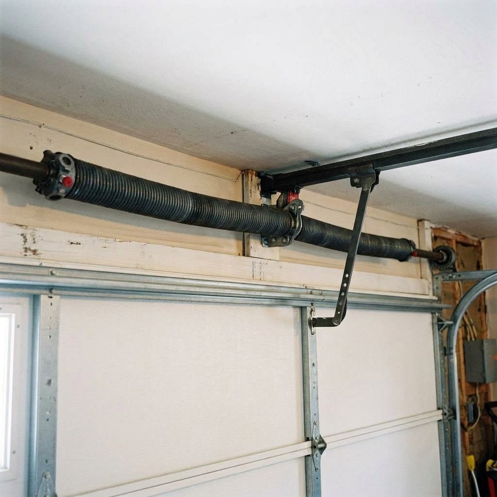 Two torsion springs on the shaft above a closed garage door, seen from the floor the way you count them for the calculator.
