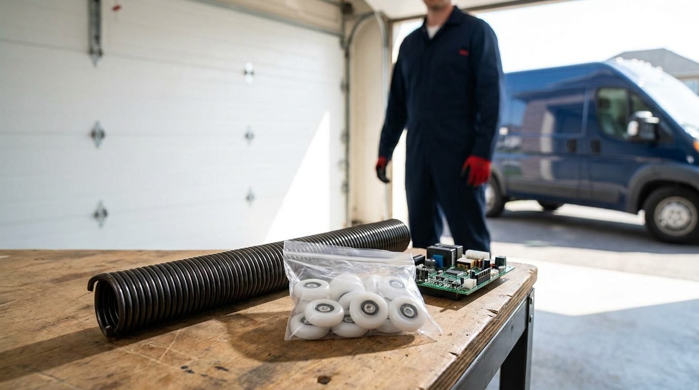 A new torsion spring, ten nylon rollers and an opener logic board laid on a workbench in front of a closed garage door.