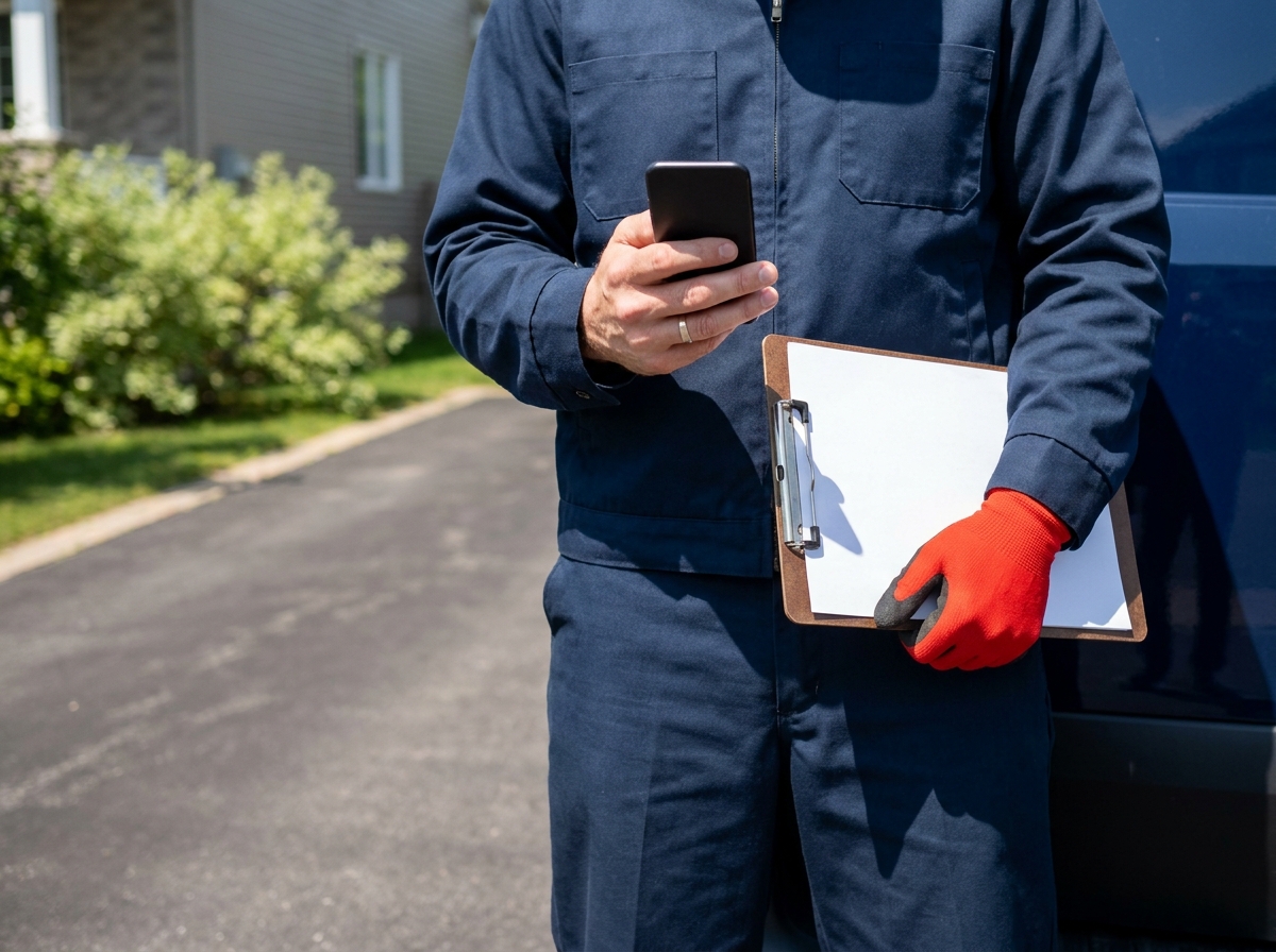 A technician with a phone and clipboard beside the service van in a sunny Ottawa driveway, the person who answers is the person who fixes it