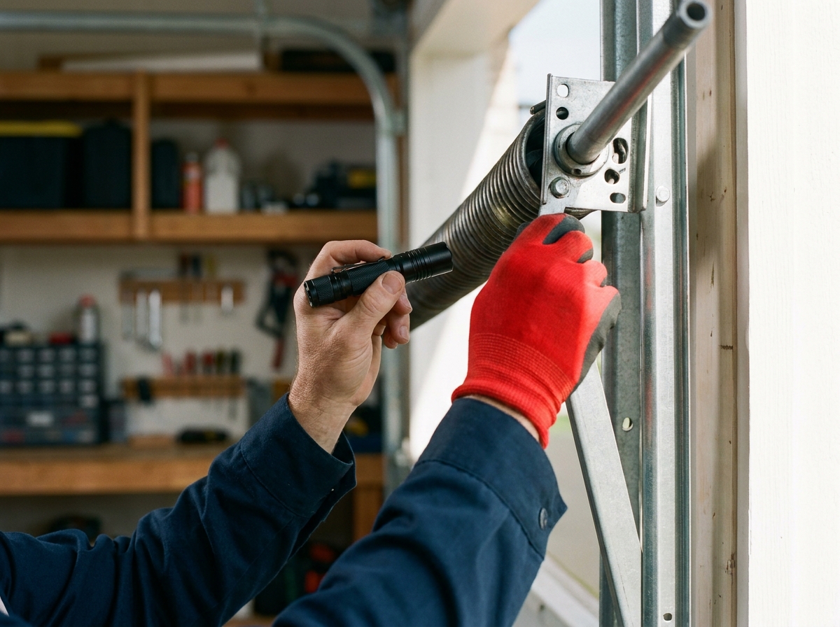 A technician's gloved hands inspecting a garage-door torsion spring with a flashlight